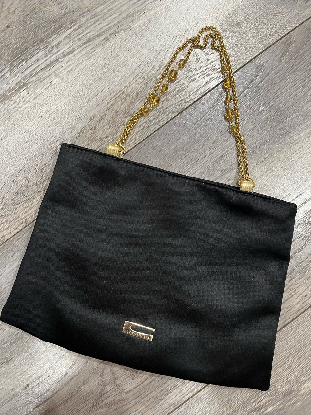 Black Satin Clutch with Beaded Gold Chain Strap by Coccinelle